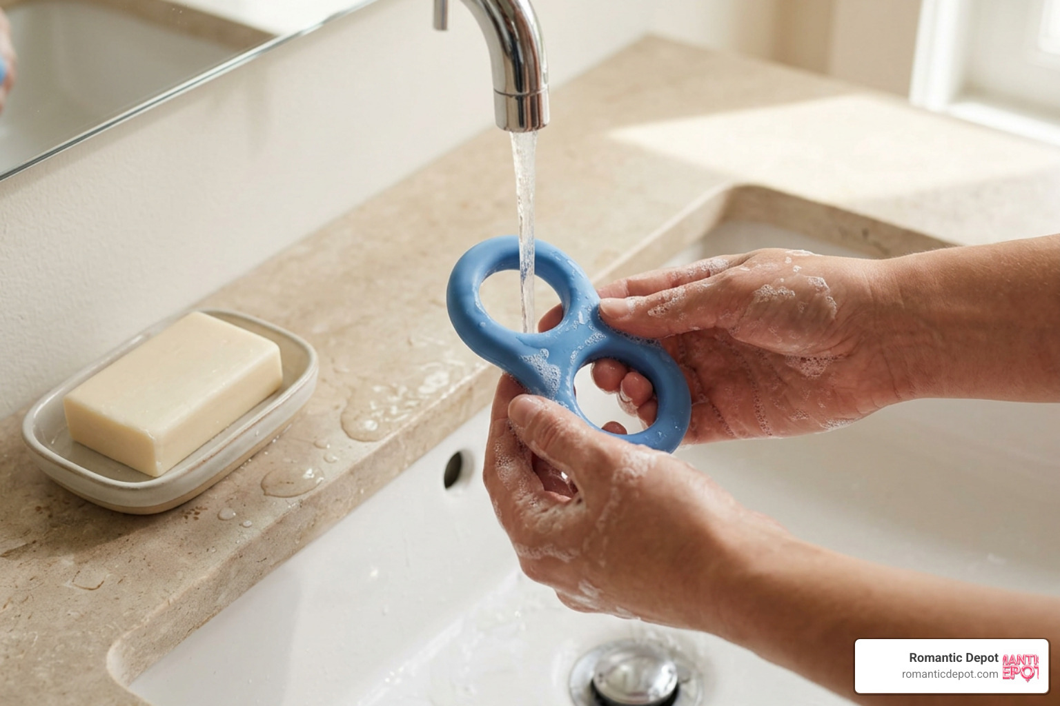 Cleaning a silicone double penetration cock ring with warm water and soap Cleaning a silicone double penetration cock ring with warm water and soap