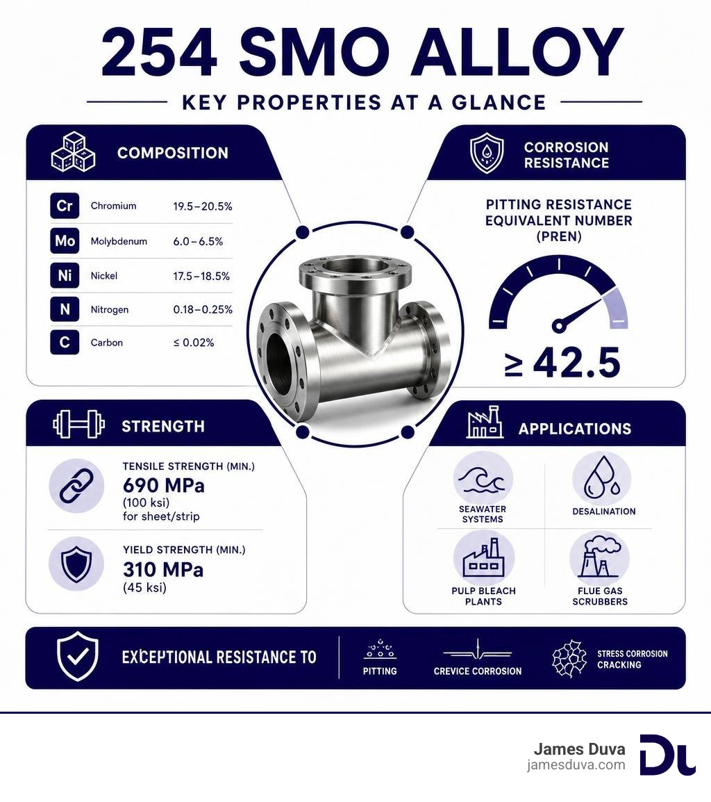 254 SMO alloy key properties infographic: PREN, composition, strength, and applications at a glance infographic