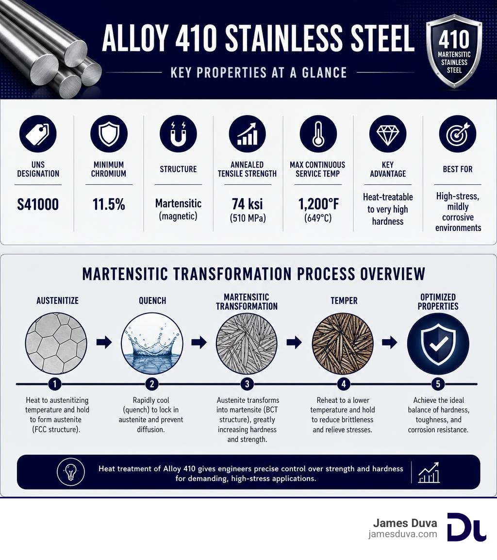Alloy 410 stainless steel key properties and martensitic transformation process overview infographic infographic Alloy 410 stainless steel key properties and martensitic transformation process overview infographic infographic