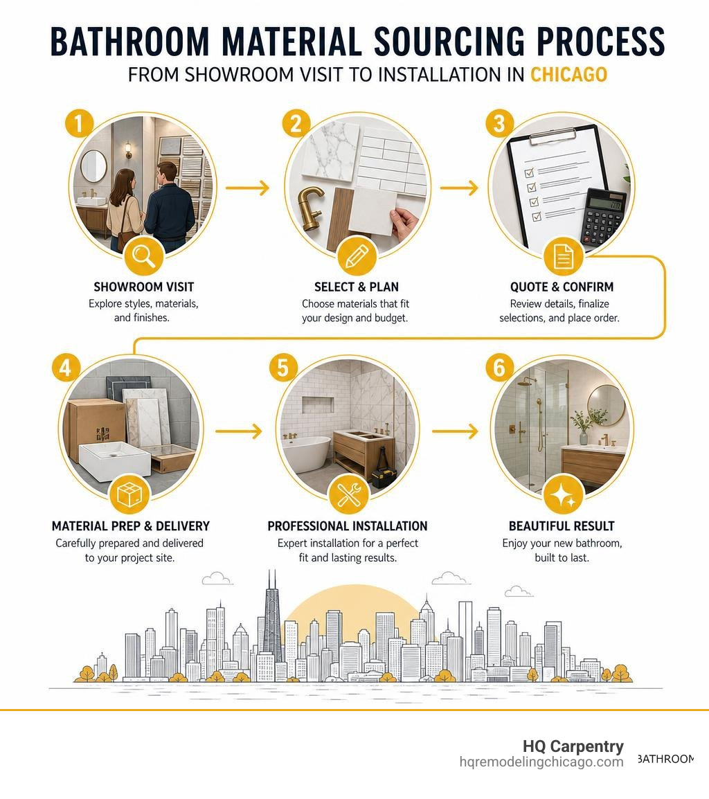 Bathroom material sourcing process from showroom visit to installation in Chicago infographic