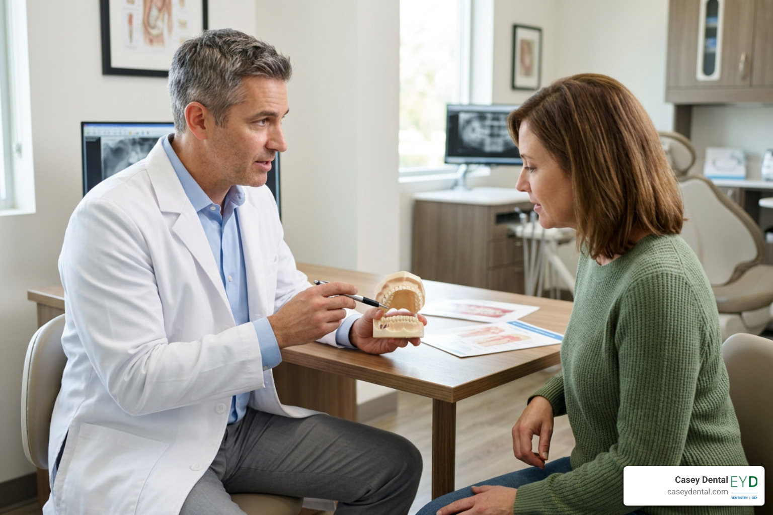 dentist explaining a 3D jaw model to a patient