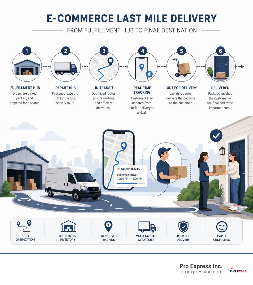 Infographic showing the ecommerce last mile delivery process from fulfillment hub to final destination infographic