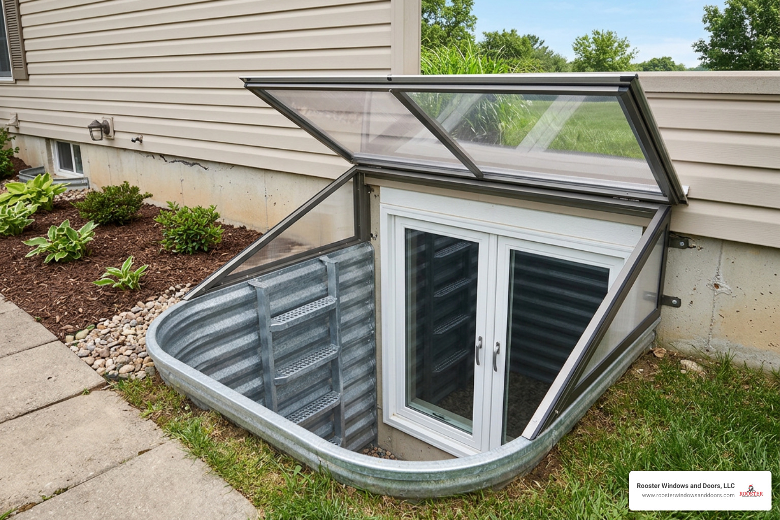 basement window well with integrated steps and a clear polycarbonate cover allowing natural light