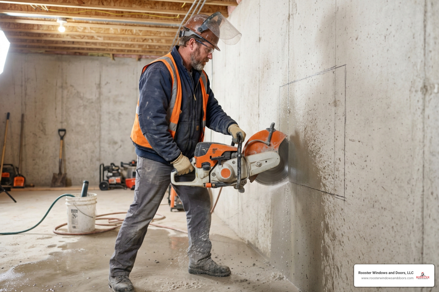 professional contractor using a wet concrete saw to cut an egress opening in a basement wall