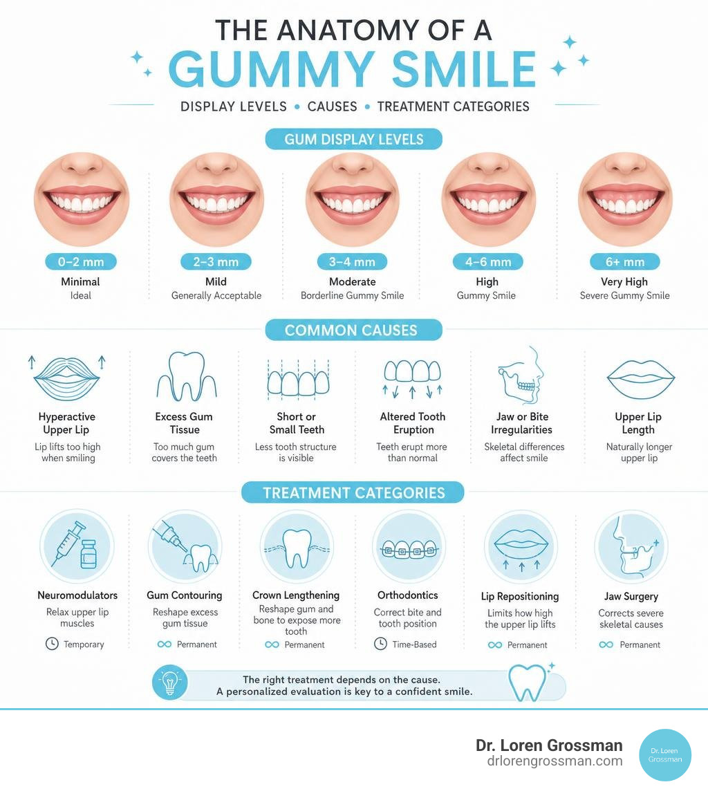 anatomy of a gummy smile showing gum display levels causes and treatment categories infographic anatomy of a gummy smile showing gum display levels causes and treatment categories infographic