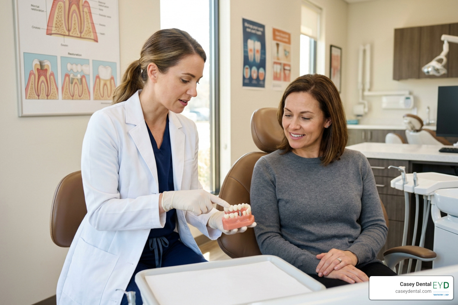 dentist explaining dental restoration options to a patient