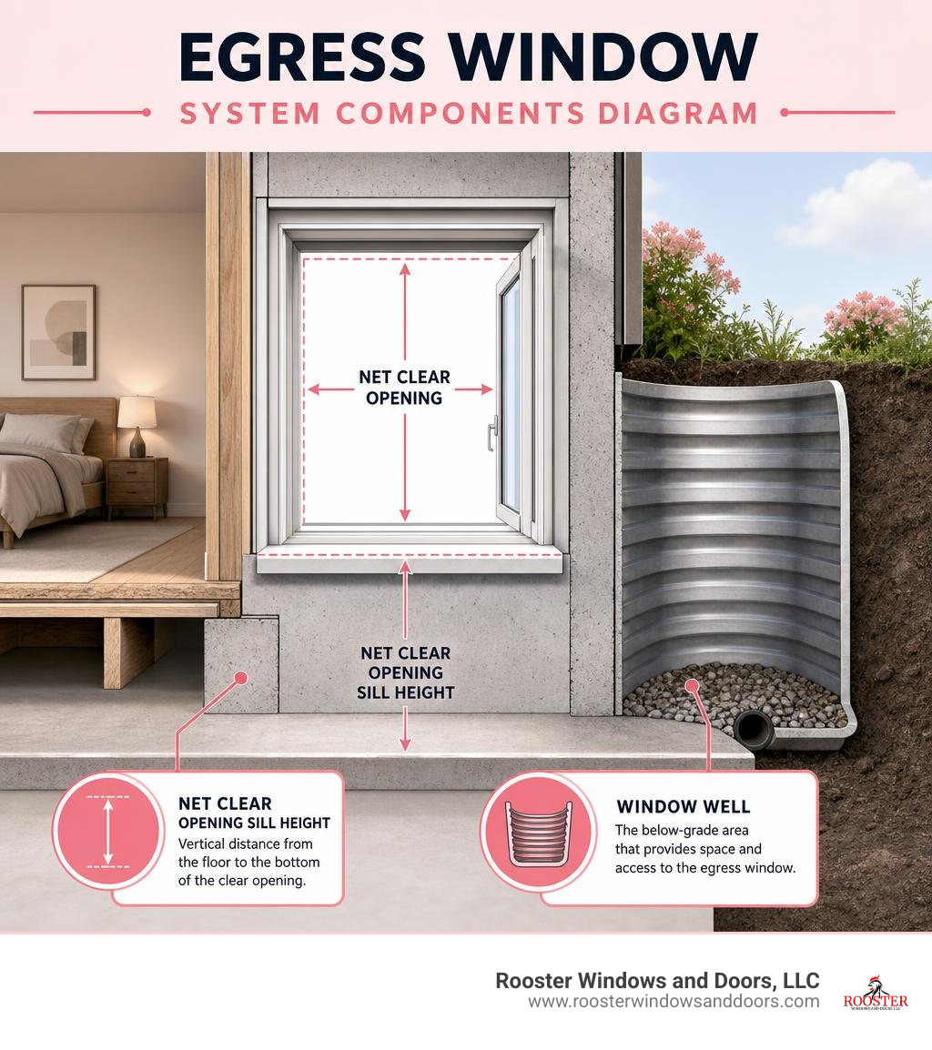 egress window system components diagram with labels for net clear opening sill height and window well infographic
