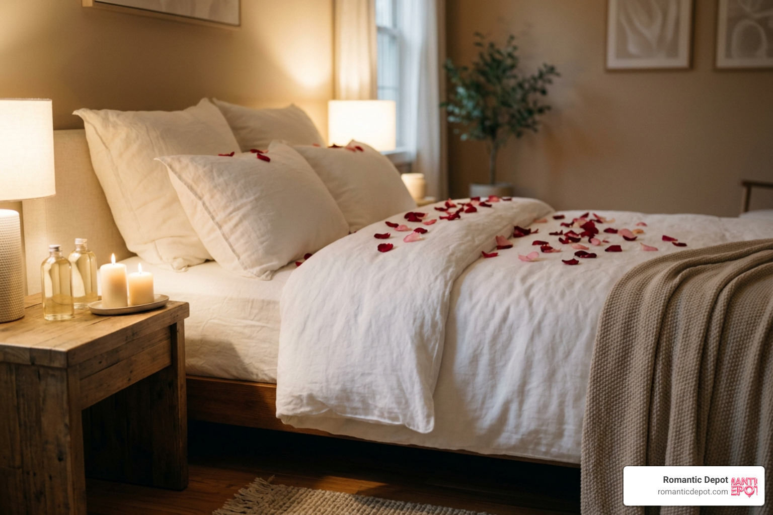 A beautifully arranged, romantic bedroom with soft lighting and massage accessories