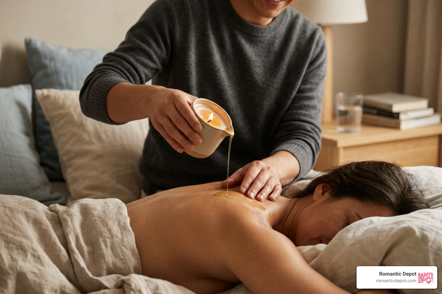 Pouring warm melted oil from a massage candle onto a partner's back safely
