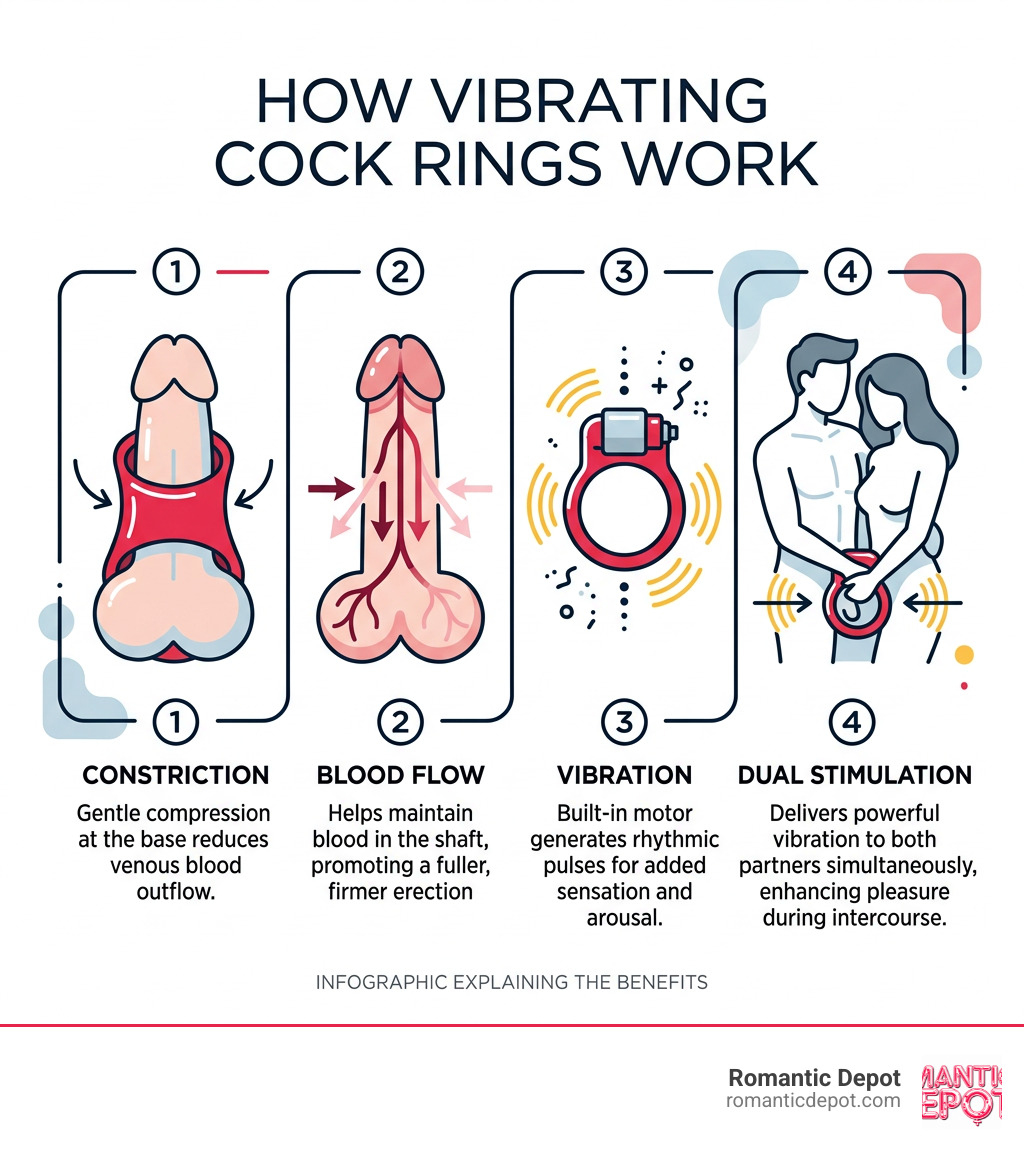 How vibrating cock rings work: constriction, blood flow, vibration, dual stimulation explained infographic How vibrating cock rings work: constriction, blood flow, vibration, dual stimulation explained infographic