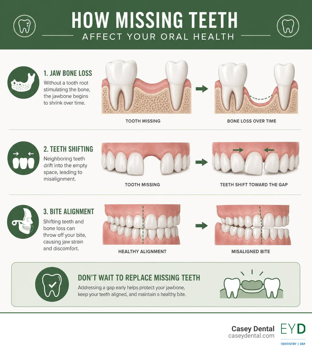 infographic showing how missing teeth affect jaw bone loss, teeth shifting, and bite alignment infographic