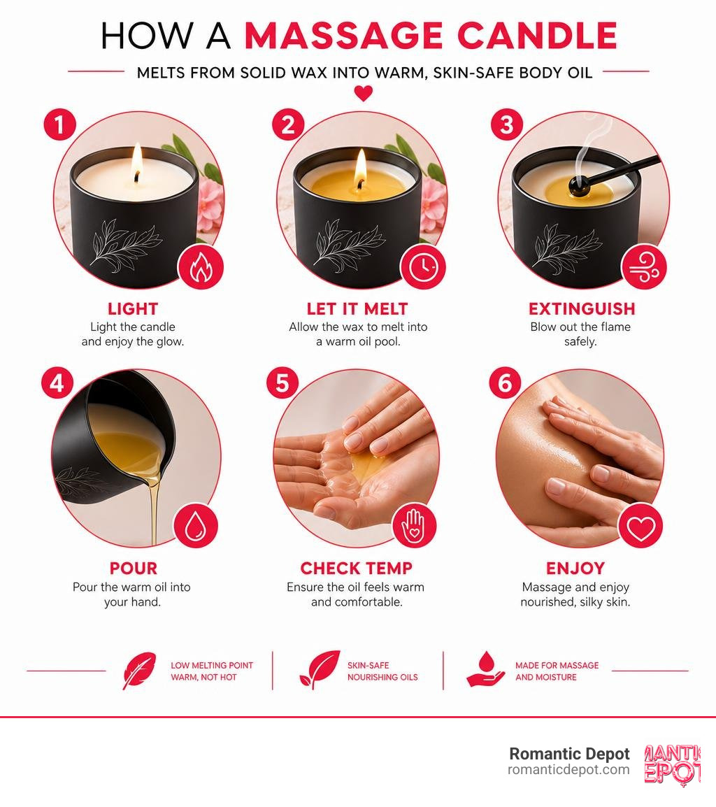 How a massage candle melts from solid wax into warm skin-safe body oil step by step infographic
