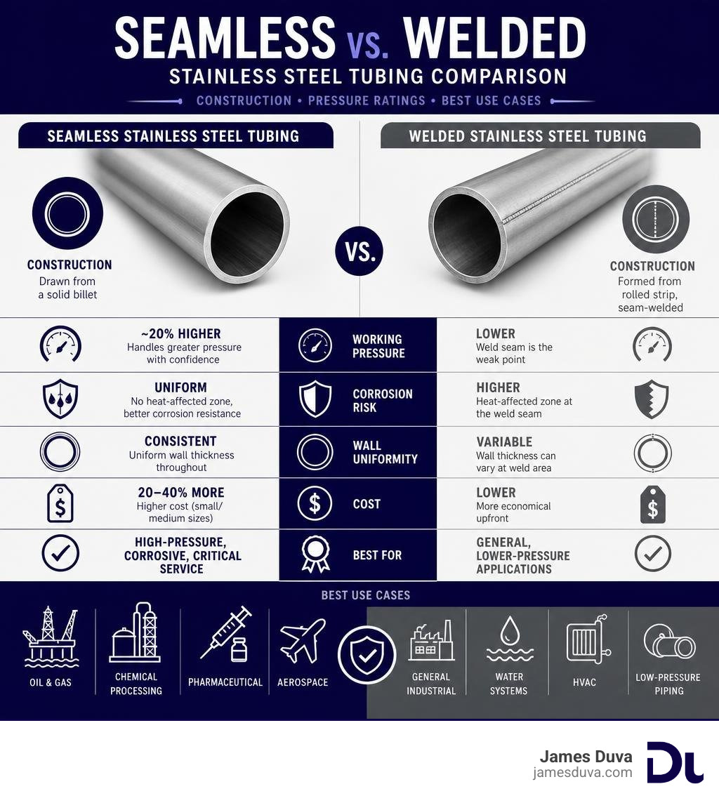 seamless vs welded stainless steel tubing comparison infographic showing construction pressure ratings and best use cases seamless vs welded stainless steel tubing comparison infographic showing construction pressure ratings and best use cases
