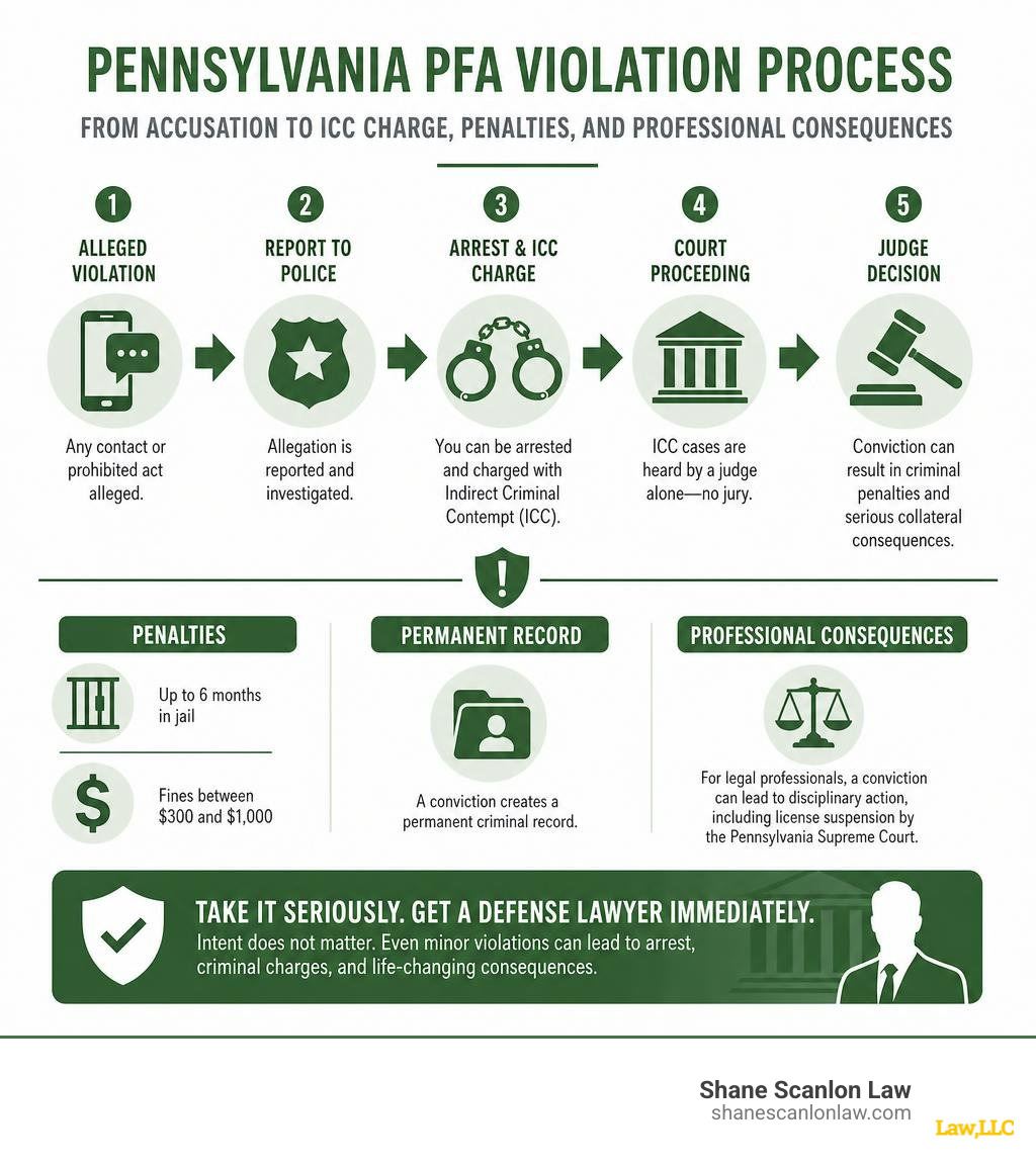 Pennsylvania PFA violation process: from accusation to ICC charge, penalties, and professional consequences infographic Pennsylvania PFA violation process: from accusation to ICC charge, penalties, and professional consequences infographic