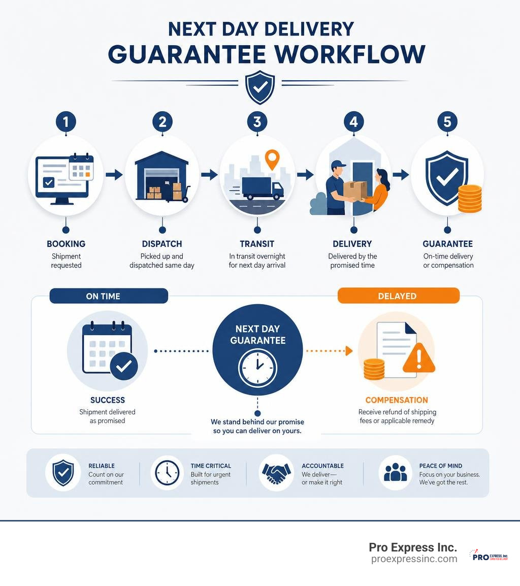 Next day delivery guarantee workflow: booking, dispatch, transit, delivery, and compensation process infographic Next day delivery guarantee workflow: booking, dispatch, transit, delivery, and compensation process infographic