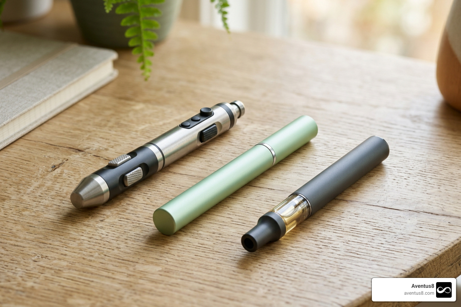 different types of anxiety pens on a wooden desk