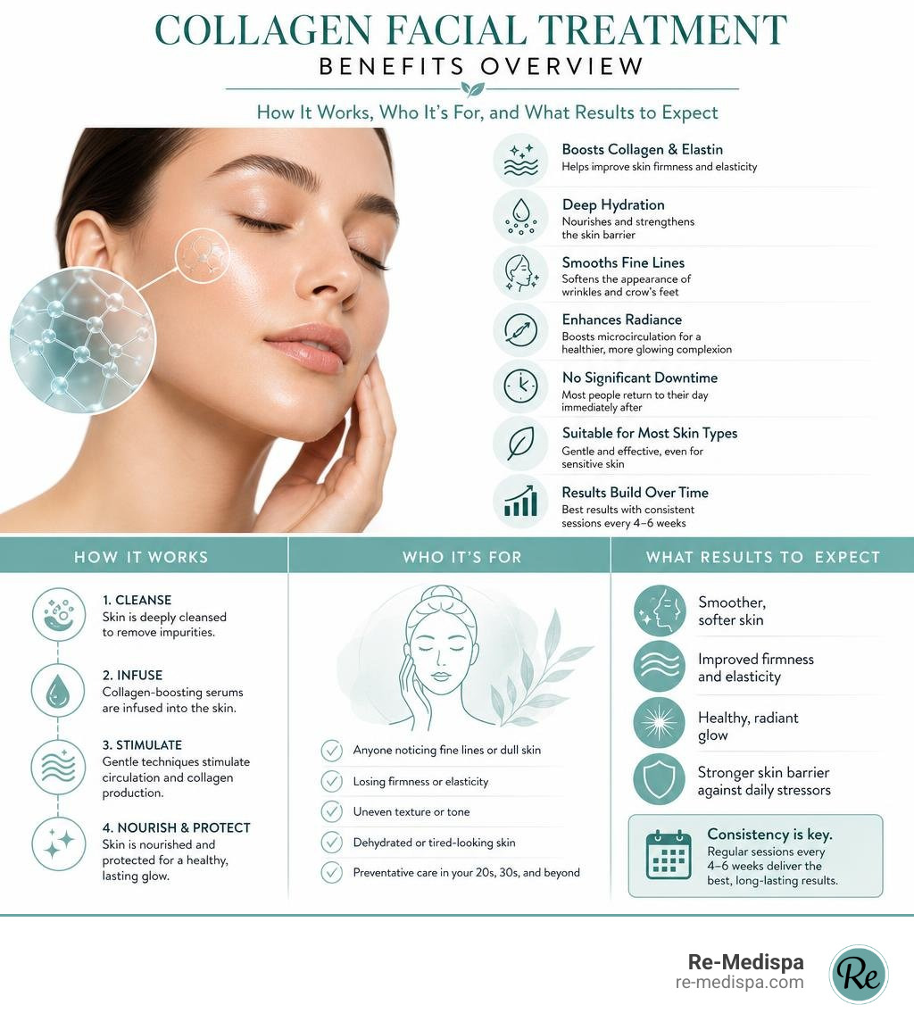 Collagen facial treatment benefits overview: how it works, who it's for, and what results to expect infographic