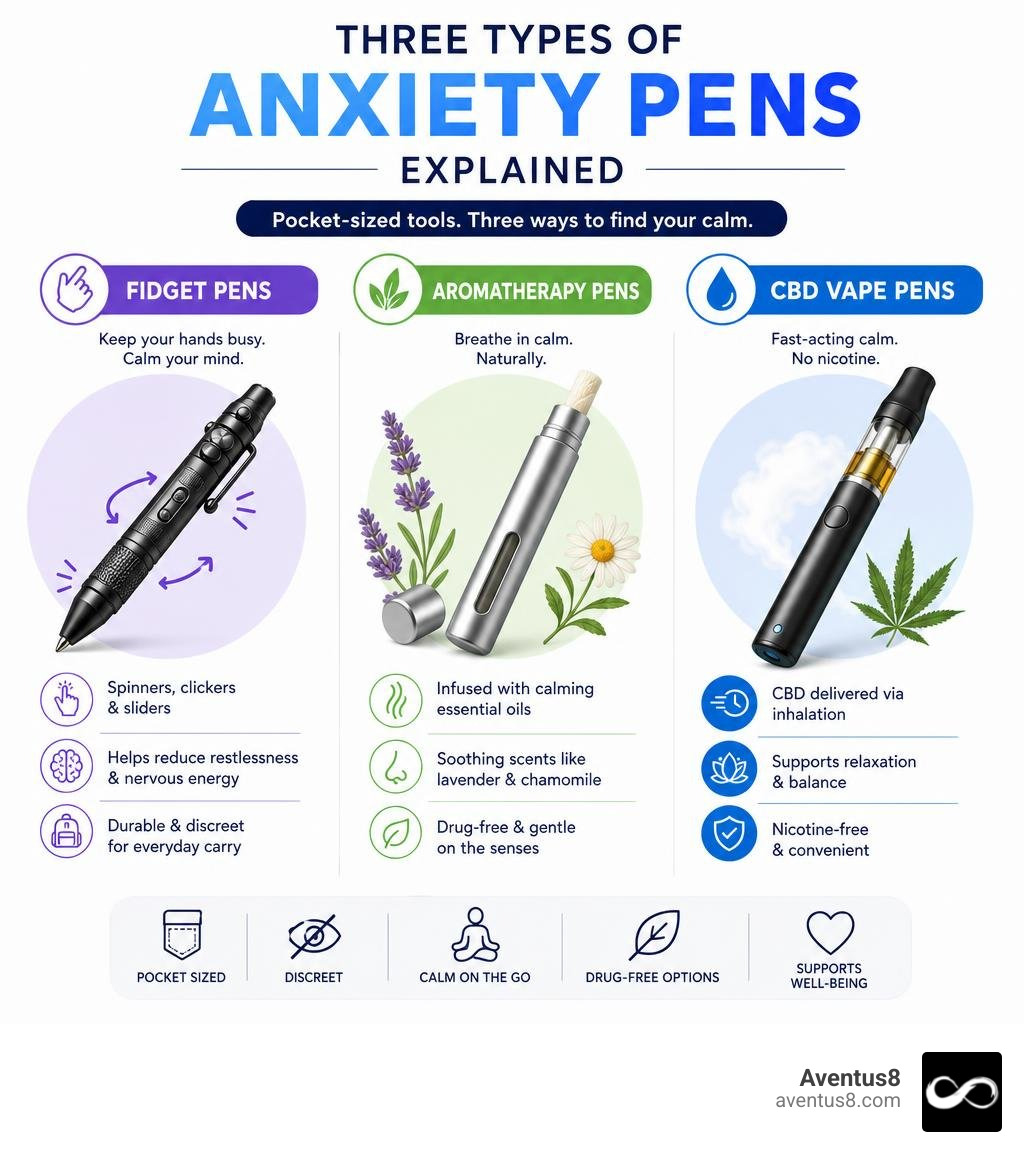 Three types of anxiety pens explained: fidget, aromatherapy, and CBD vape pens with key features infographic