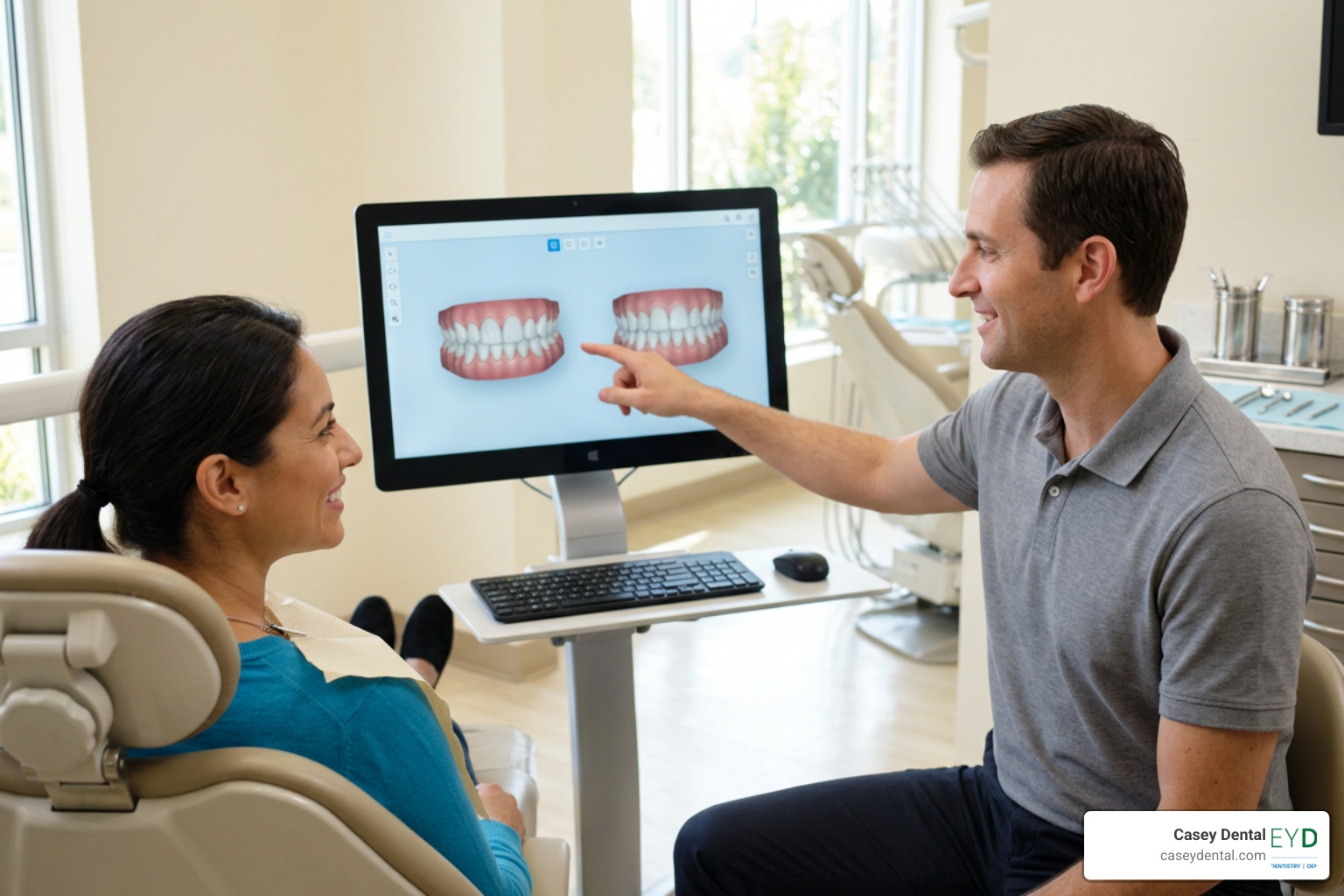 dentist showing patient their custom 3D digital smile plan on screen