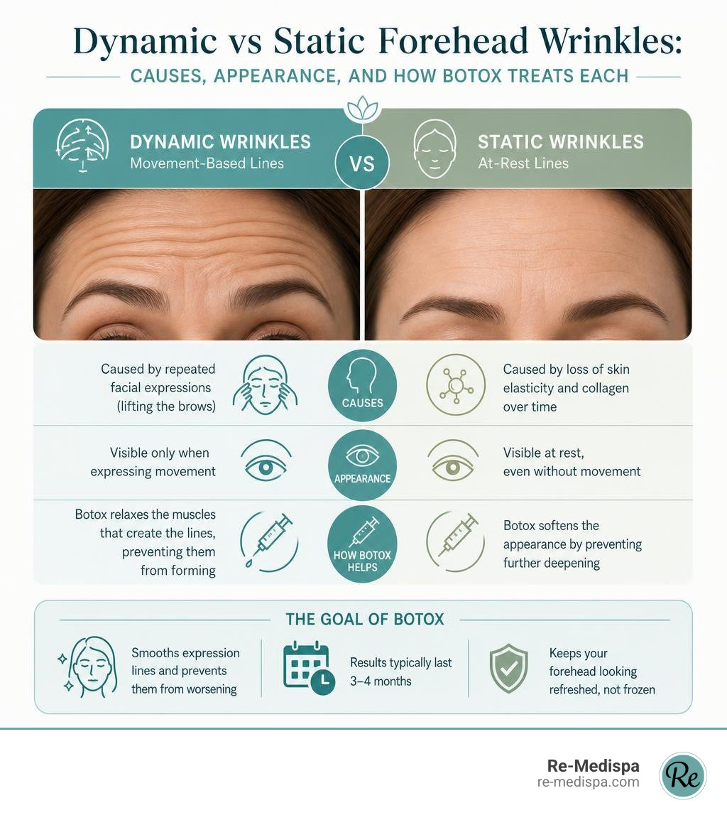 Dynamic vs static forehead wrinkles: causes, appearance, and how Botox treats each infographic
