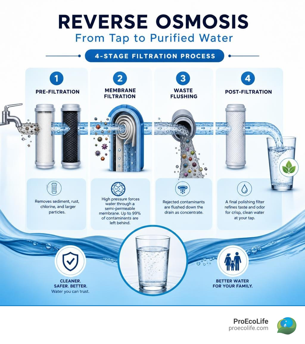 Reverse osmosis filtration process from tap to purified water — 4-stage overview infographic infographic Reverse osmosis filtration process from tap to purified water — 4-stage overview infographic infographic