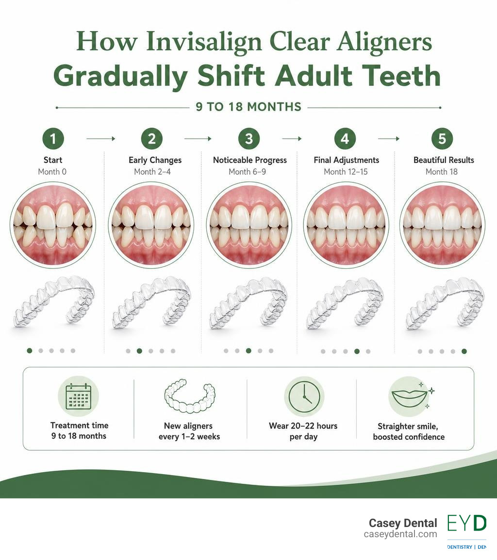 Infographic showing how Invisalign clear aligners gradually shift adult teeth over 9 to 18 months infographic