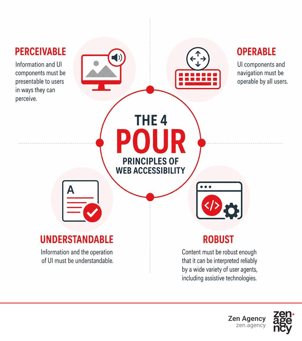 Infographic showing the four POUR principles of web accessibility: Perceivable, Operable, Understandable, Robust infographic Infographic showing the four POUR principles of web accessibility: Perceivable, Operable, Understandable, Robust infographic