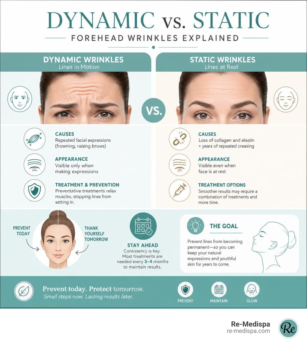 Dynamic vs. static forehead wrinkles explained with causes, appearance, and treatment options infographic