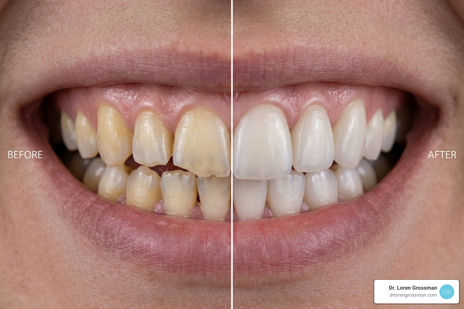 porcelain veneers before and after showing tooth shape and color correction