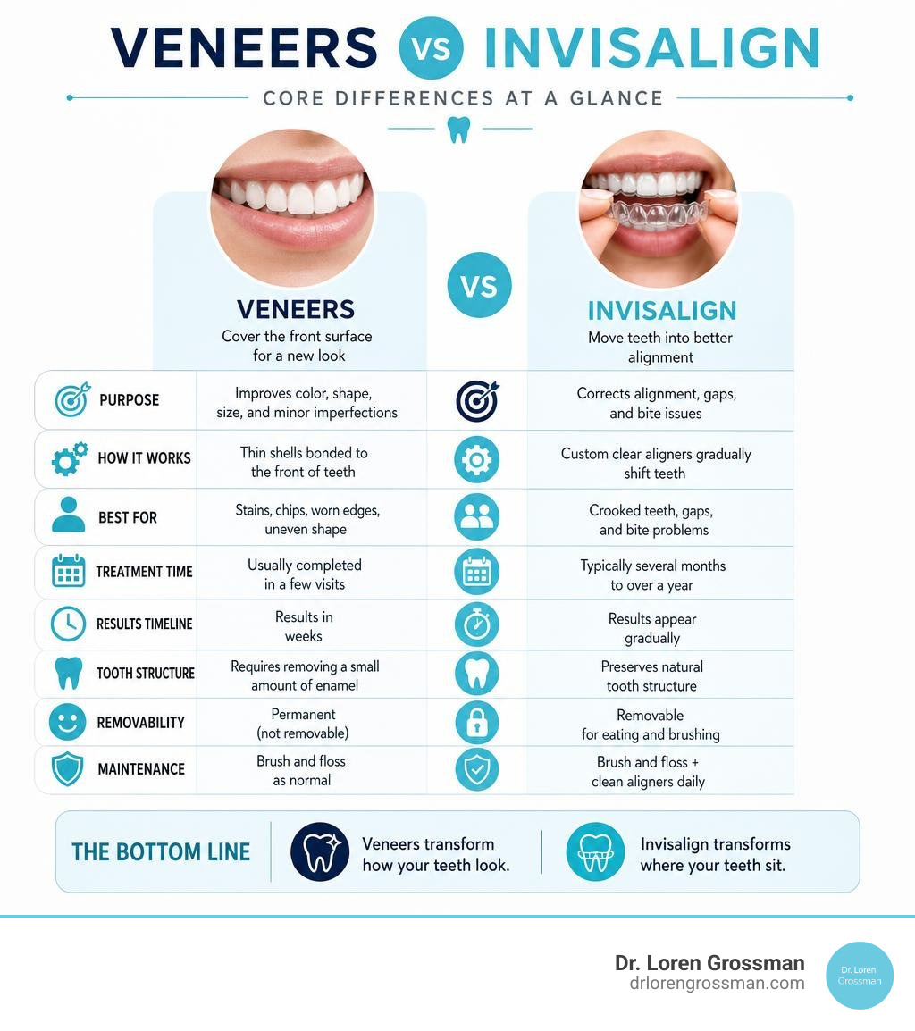 Core differences between veneers and Invisalign comparison infographic infographic
