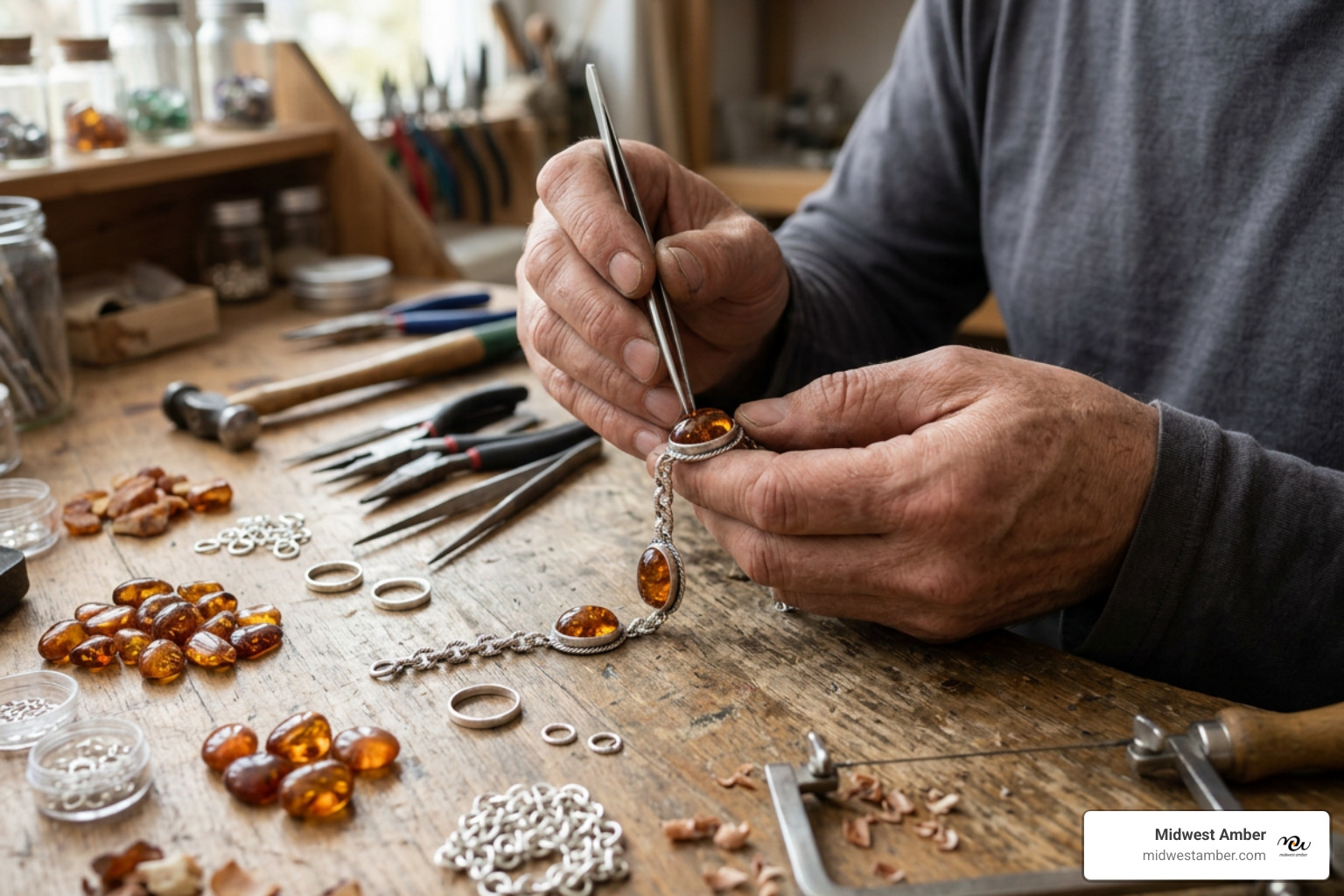 Artisan handcrafting a premium Baltic amber sterling silver bracelet