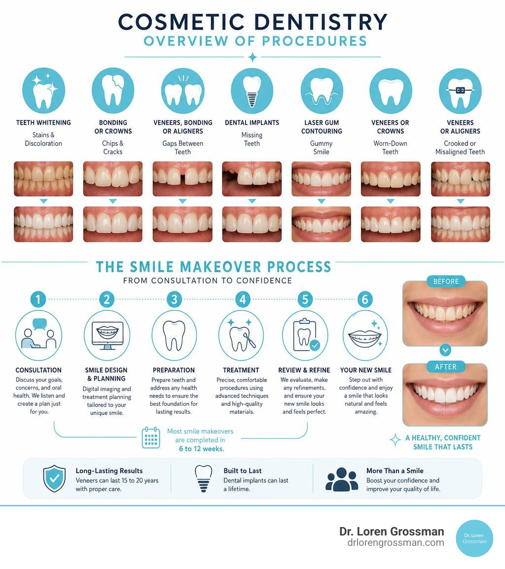 overview of cosmetic dentistry procedures and smile makeover process from consultation to final result infographic