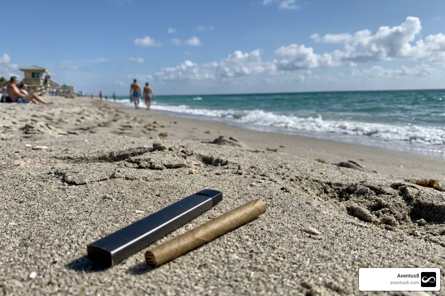 THC vape pen next to a hand-rolled blunt on Hollywood Beach, South Florida