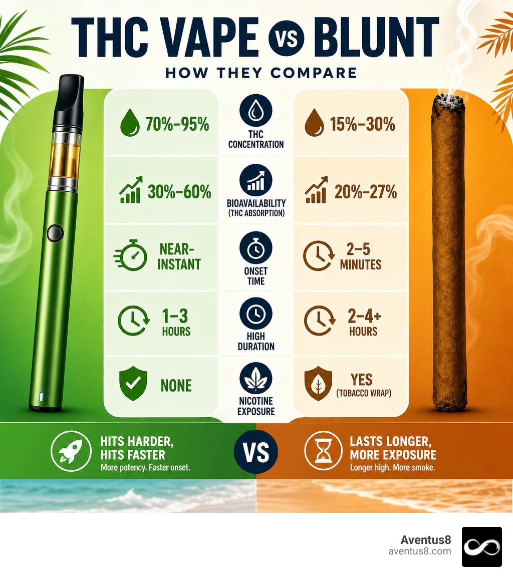 Infographic comparing THC vape vs blunt potency, bioavailability, onset, duration, and nicotine exposure infographic