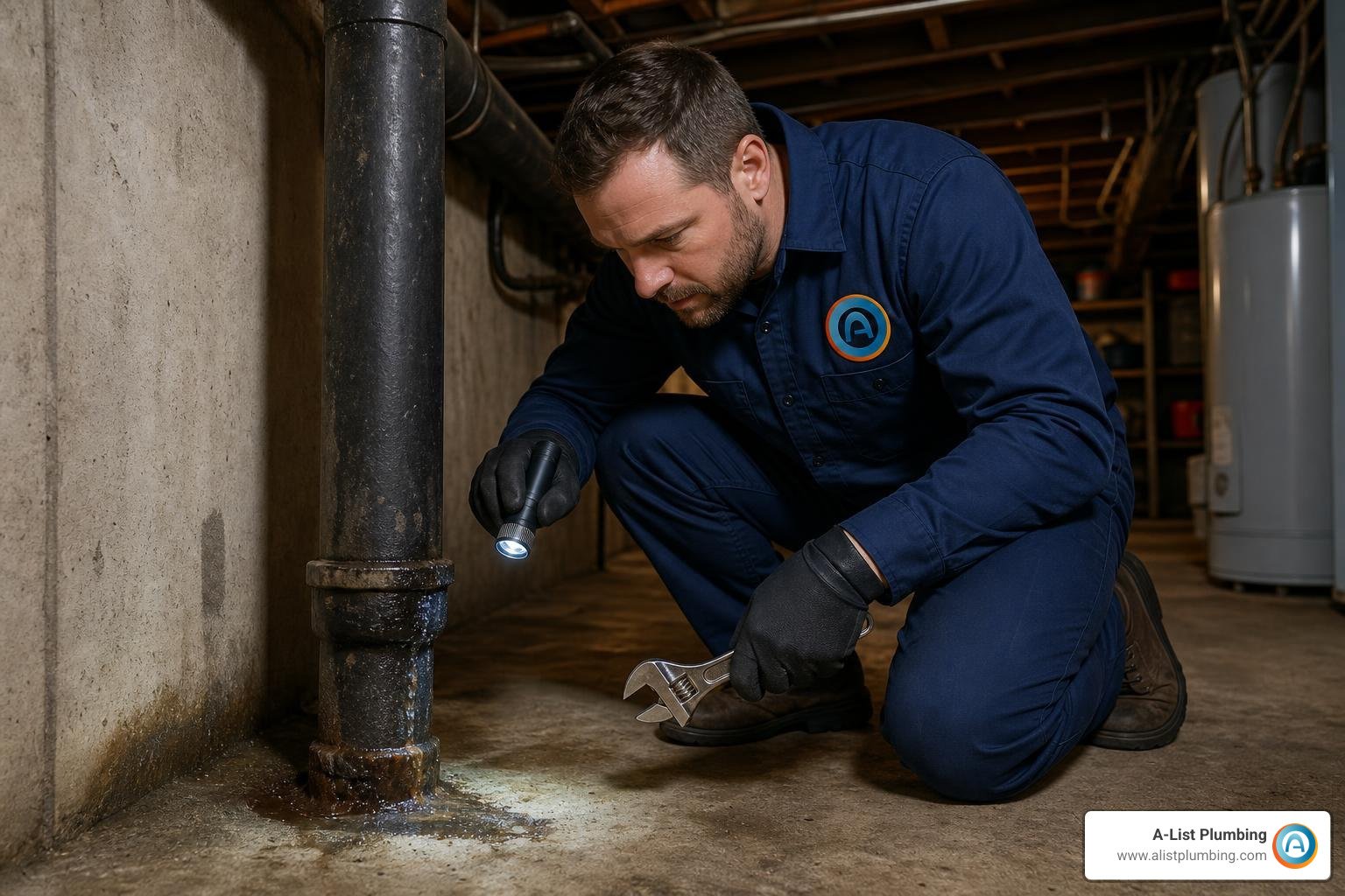 Professional plumber inspecting a leaky basement drain line Professional plumber inspecting a leaky basement drain line