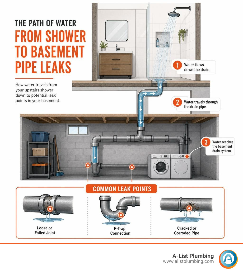 Path of water from upstairs shower through drain system to basement pipe leak points infographic Path of water from upstairs shower through drain system to basement pipe leak points infographic