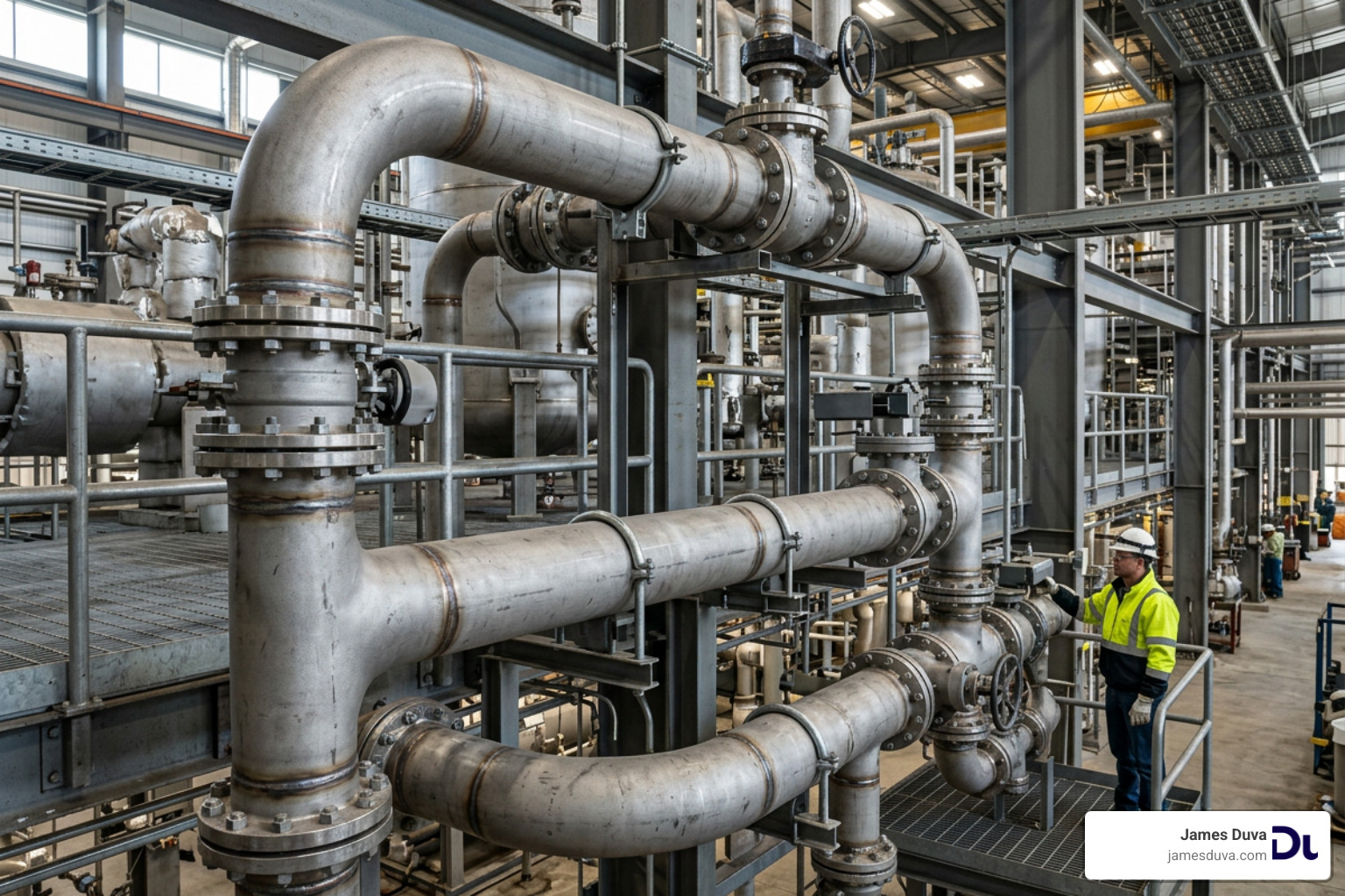 industrial duplex alloy piping system installed in a chemical processing facility