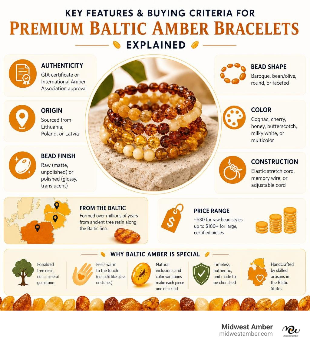 Key features and buying criteria for premium Baltic amber bracelets explained infographic