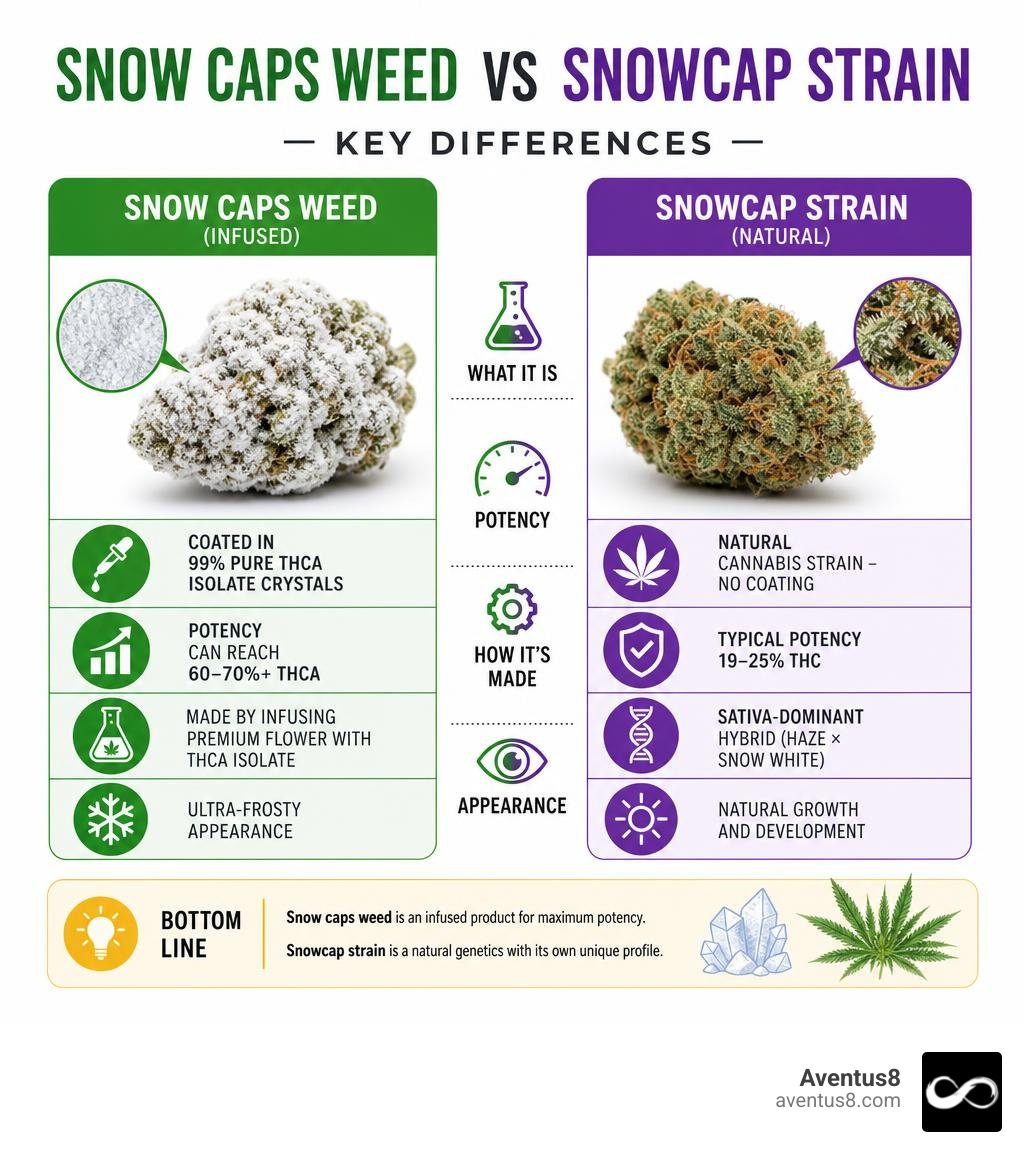 Snow caps weed vs Snowcap strain — key differences infographic infographic