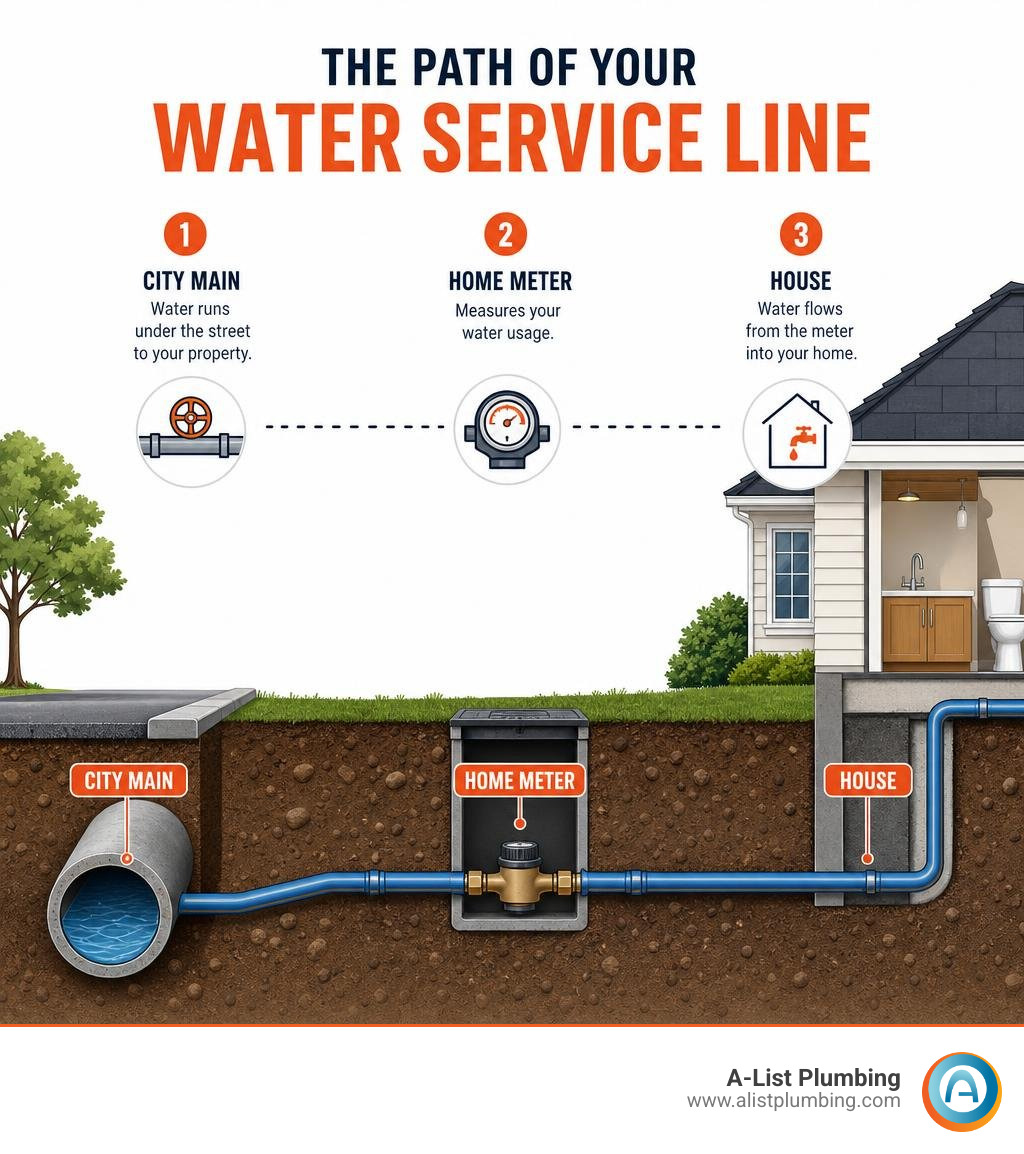infographic showing residential water service line path from city main to home meter to house infographic