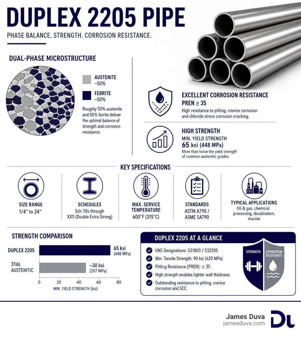 Duplex 2205 pipe phase balance infographic showing austenite-ferrite microstructure, PREN, yield strength, and key specs