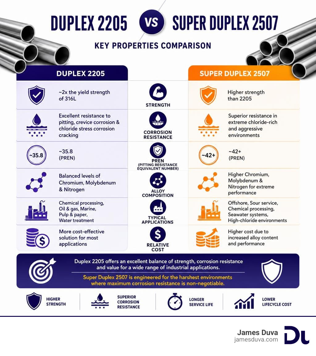 Duplex 2205 vs Super Duplex 2507 key properties comparison infographic infographic Duplex 2205 vs Super Duplex 2507 key properties comparison infographic infographic