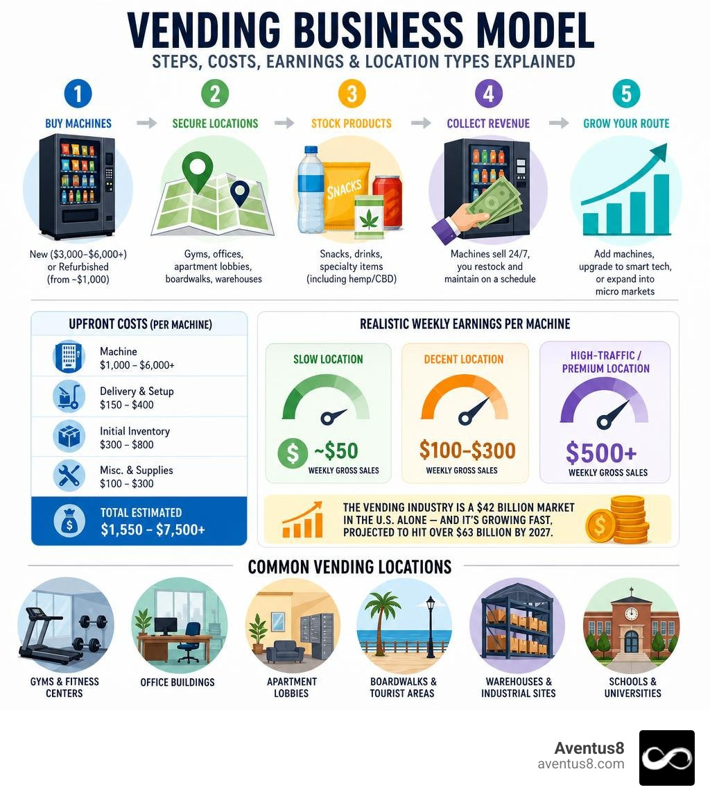 Vending business model infographic: steps, costs, earnings, and location types explained infographic Vending business model infographic: steps, costs, earnings, and location types explained infographic