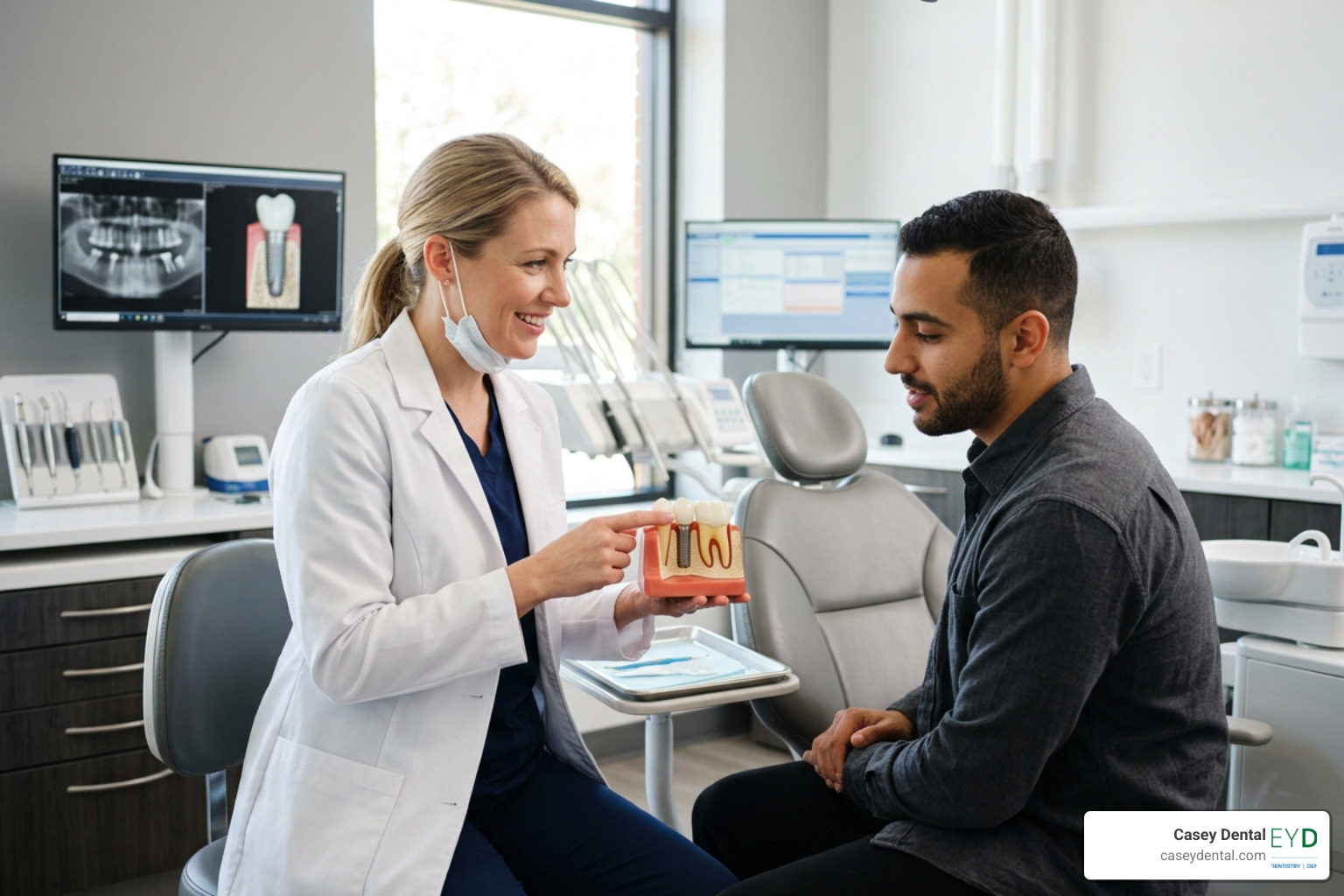 A dentist explaining a dental implant model to an attentive patient