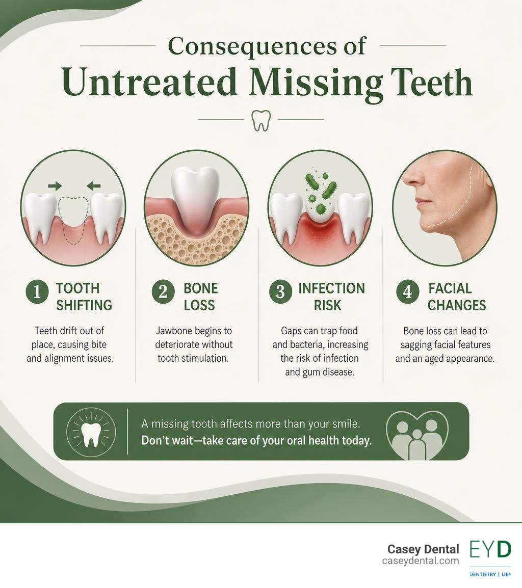 Consequences of untreated missing teeth: tooth shifting, bone loss, infection risk, facial changes infographic