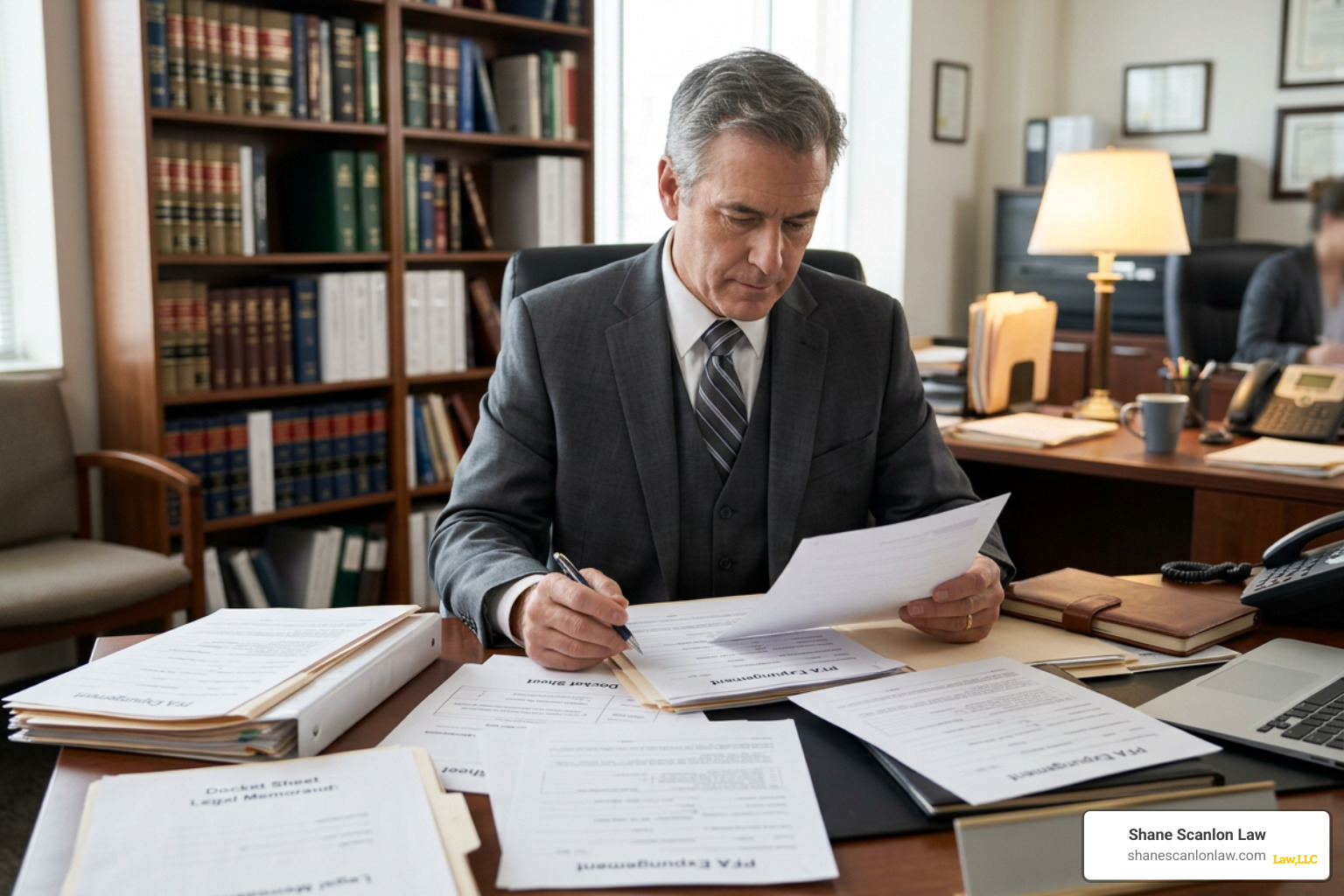 A lawyer reviewing court dockets and legal files for a PFA expungement A lawyer reviewing court dockets and legal files for a PFA expungement