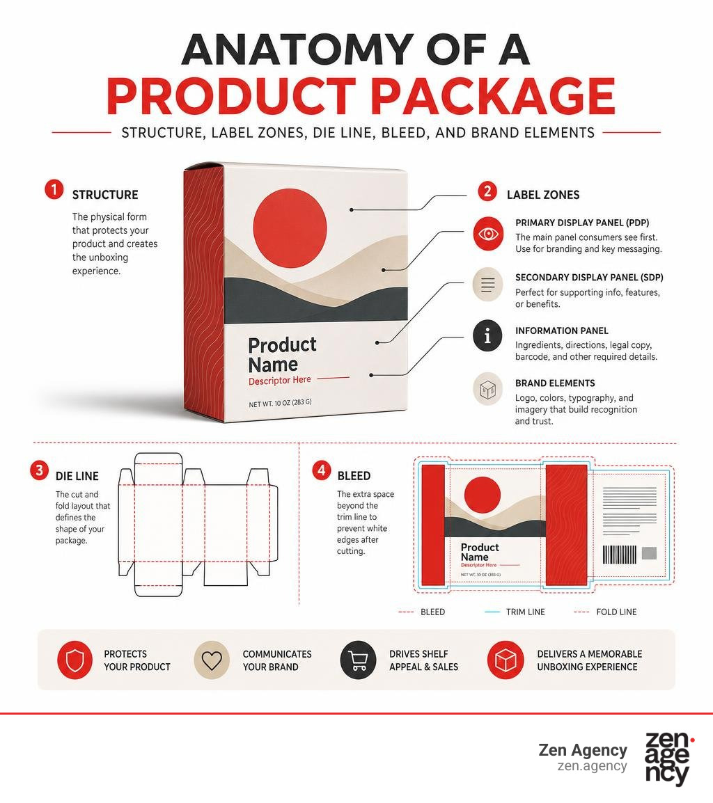 Anatomy of a product package: structure, label zones, dieline, bleed, and brand elements infographic Anatomy of a product package: structure, label zones, dieline, bleed, and brand elements infographic