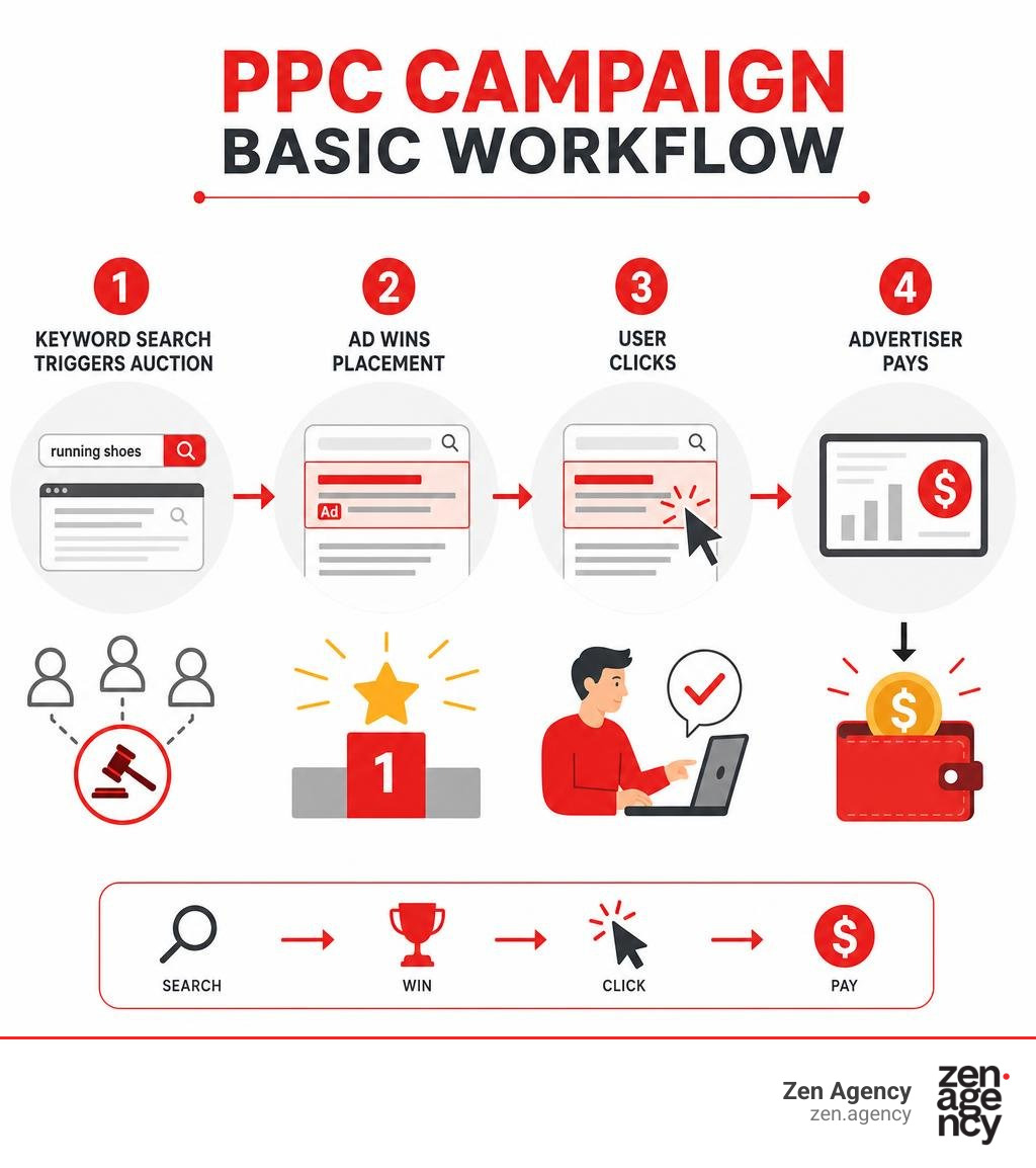 PPC campaign basic workflow: keyword search triggers auction, ad wins placement, user clicks, advertiser pays infographic PPC campaign basic workflow: keyword search triggers auction, ad wins placement, user clicks, advertiser pays infographic