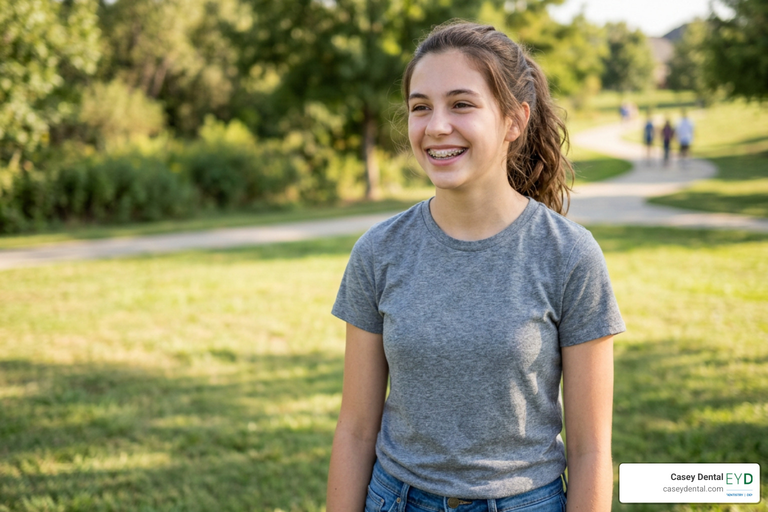 A teenager smiling confidently with clear braces