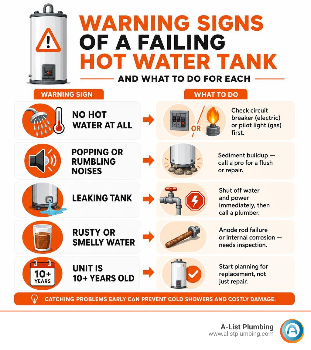 Warning signs of a failing hot water tank and what to do for each infographic Warning signs of a failing hot water tank and what to do for each infographic